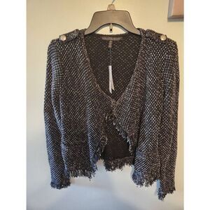 NWT White House Black Market WHBM Black Tweed Raw Edge Fringe Cardigan Sweater J